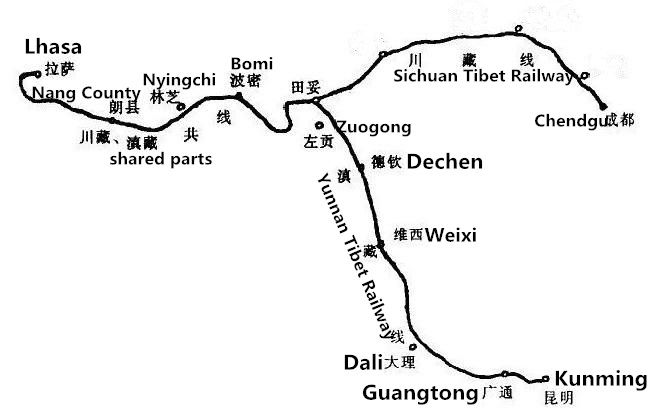 Planned Route of Yunnan Tibet Railway Yunnan Tibet Railway