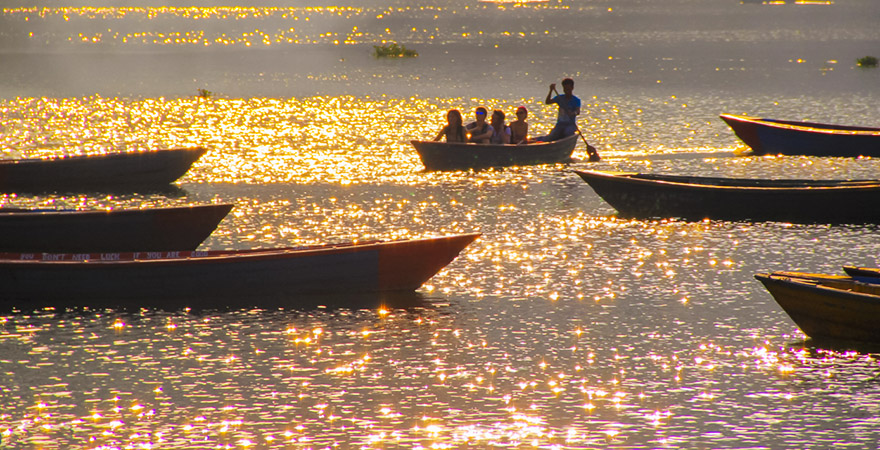 The Peaceful Sparkling Fewa Lake in Pokhara During Sunset