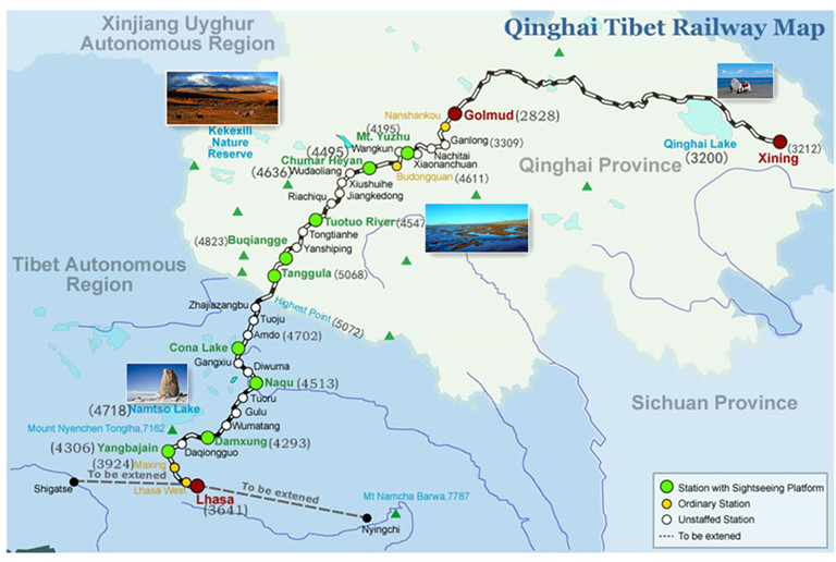 Route Map of Qinghai Tibet Railway with marked elevation Qinghai Tibet Railway